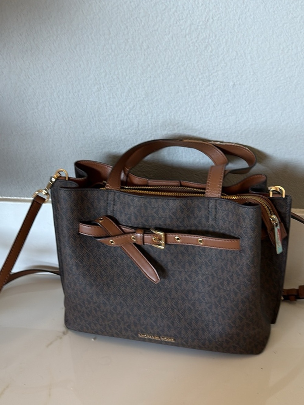 Michael Kors Brown Logo Satchel with Tan Trim and Gold Hardware